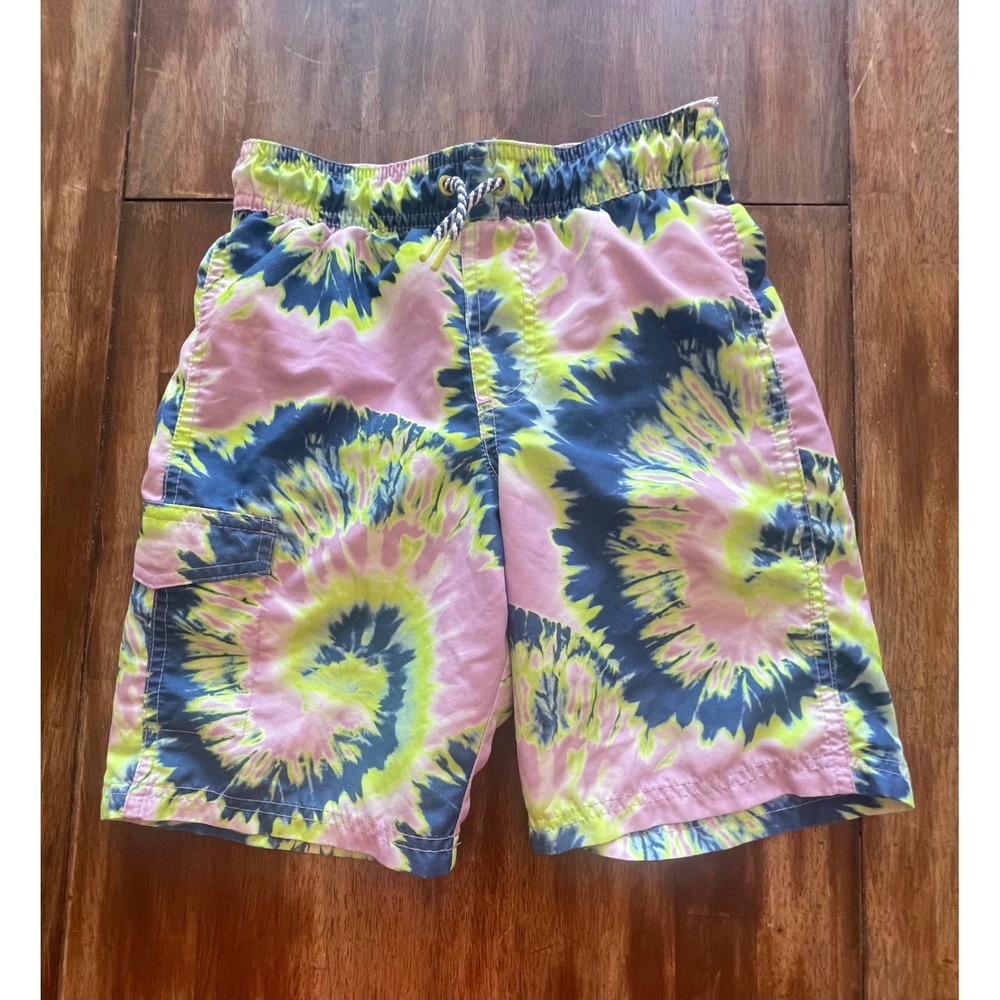 Boys Tie Dye Swim Trunks Pink Green Navy Blue Cargo Pocket Board Shorts